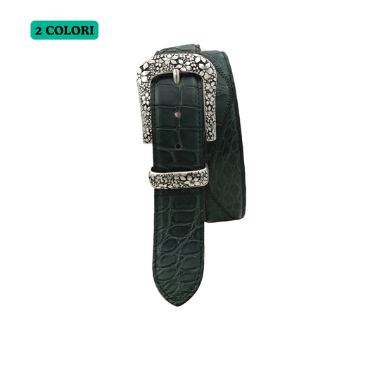 Jungle Patch - Cintura 4 cm in coccodrilllo Patchwork con fibbia e passante metallici a fantasia floreale - ESPERANTOBELTS