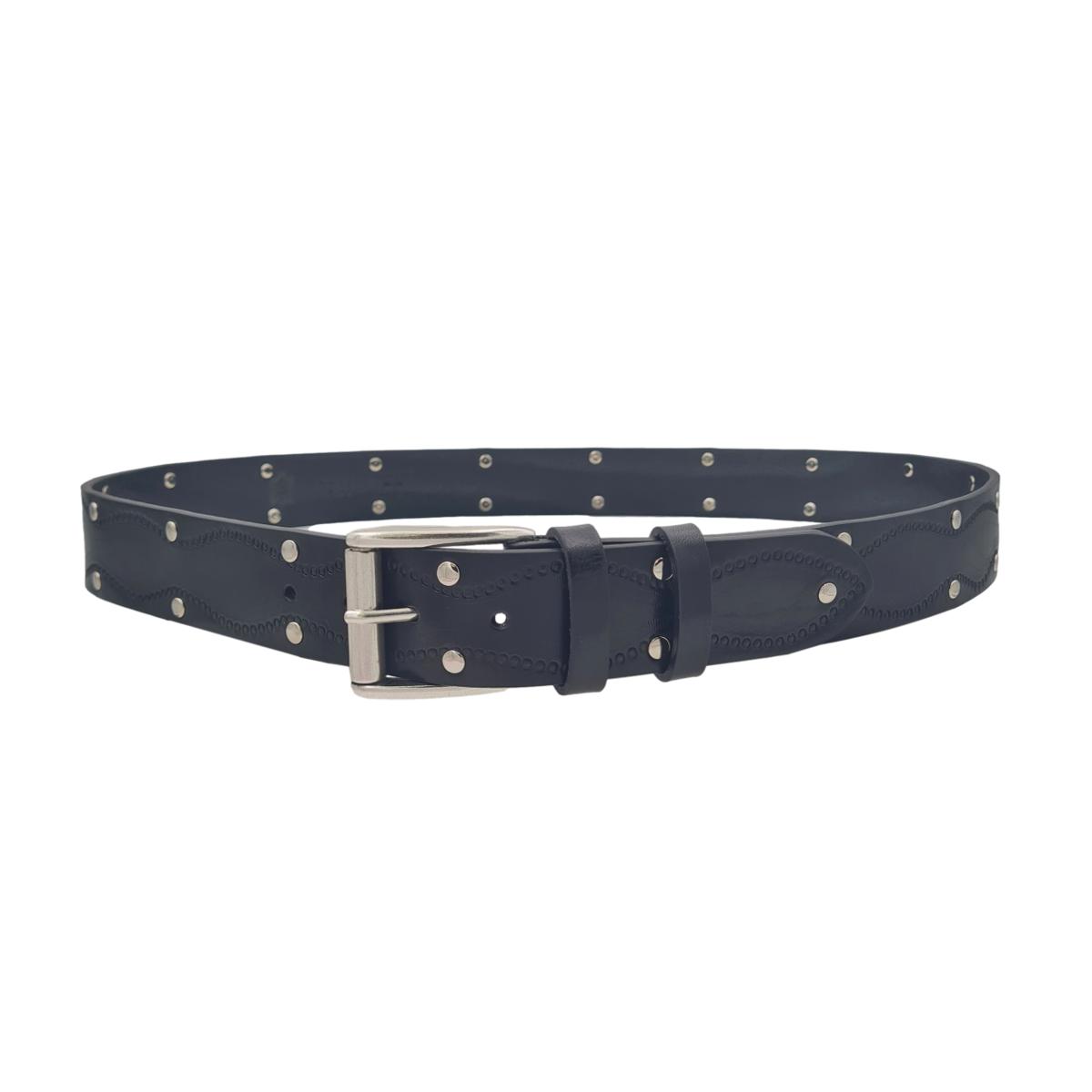 Cintura 4 cm in Cuoio Nero abrasivato con borchie metalliche e fibbia vintage