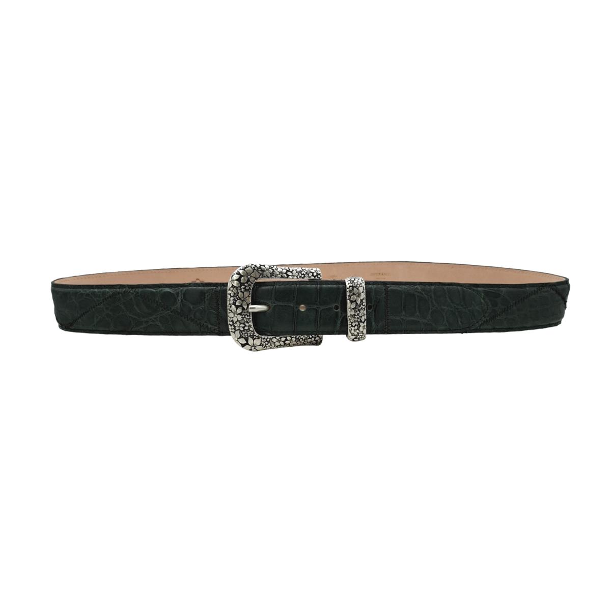 Jungle Patch - Cintura 4 cm in coccodrilllo Patchwork con fibbia e passante metallici a fantasia floreale - ESPERANTOBELTS