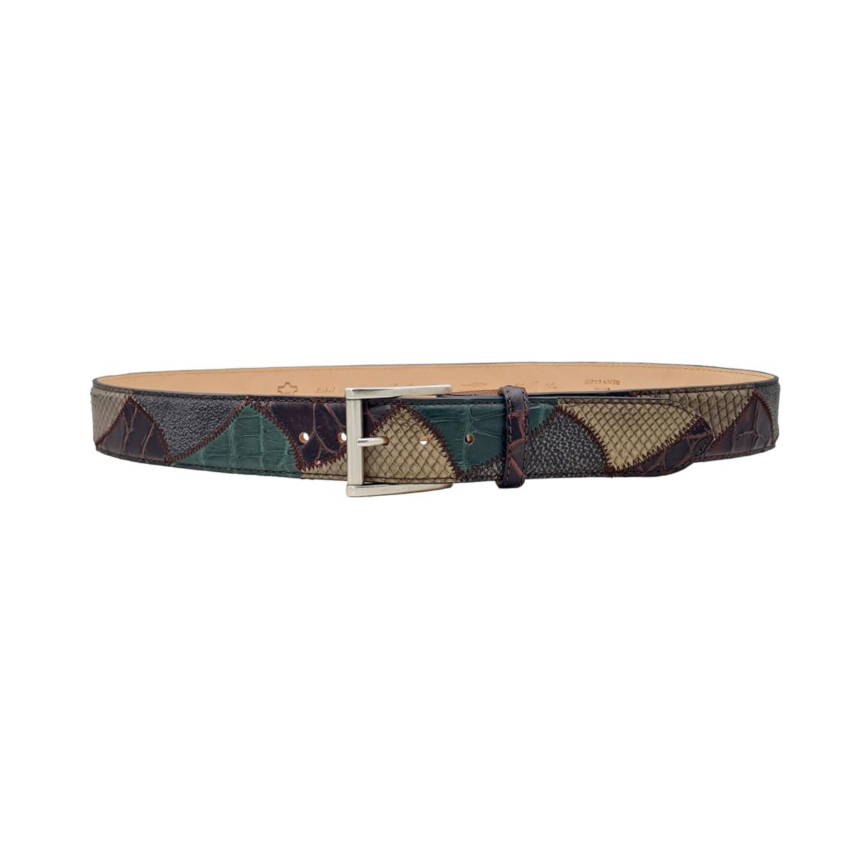 Military Vela - Cintura 4 cm Patchwork In Pitone e Coccodrillo con Fibbia in Ottone