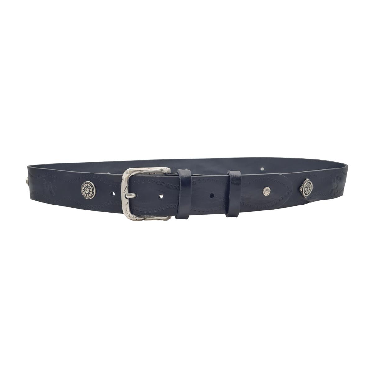 Cintura 4 cm Nera in cuoio grinzato con fibbia lavorata , borchie metalliche e fantasie disegnate a mano