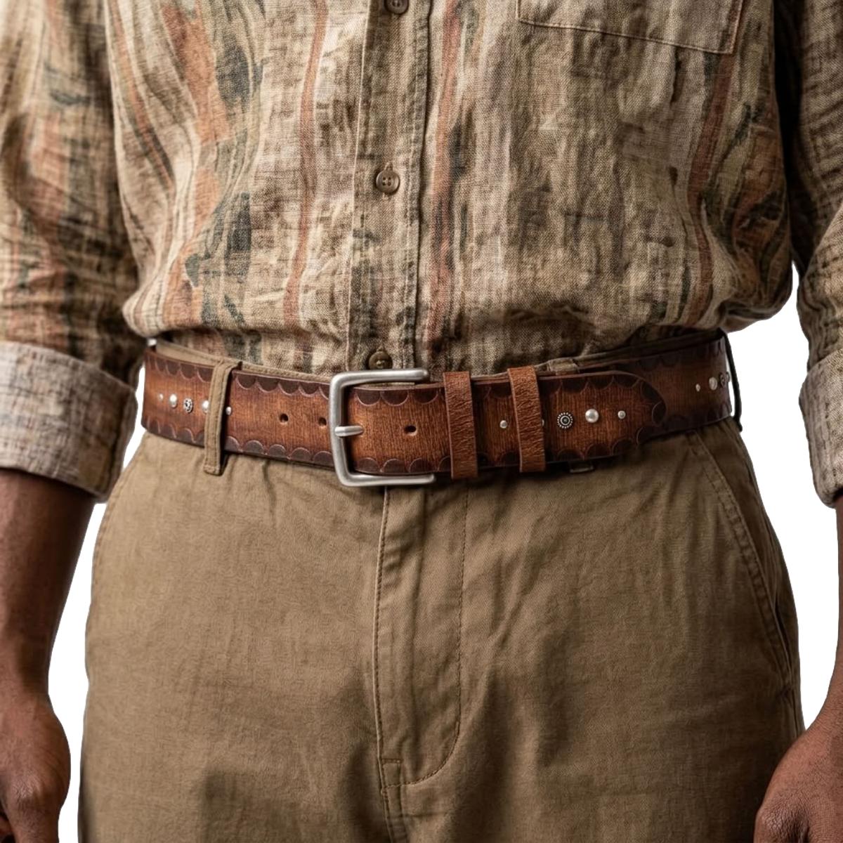 Bohémien Rustic - Cintura 4 cm in cuoio Cognac smerigliato,bordi a contrasto e borchie metalliche