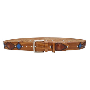 Cancùn - Cintura Miele 4 cm in cuoio con rombi anticati , borchie e ricami in pitone azzurri