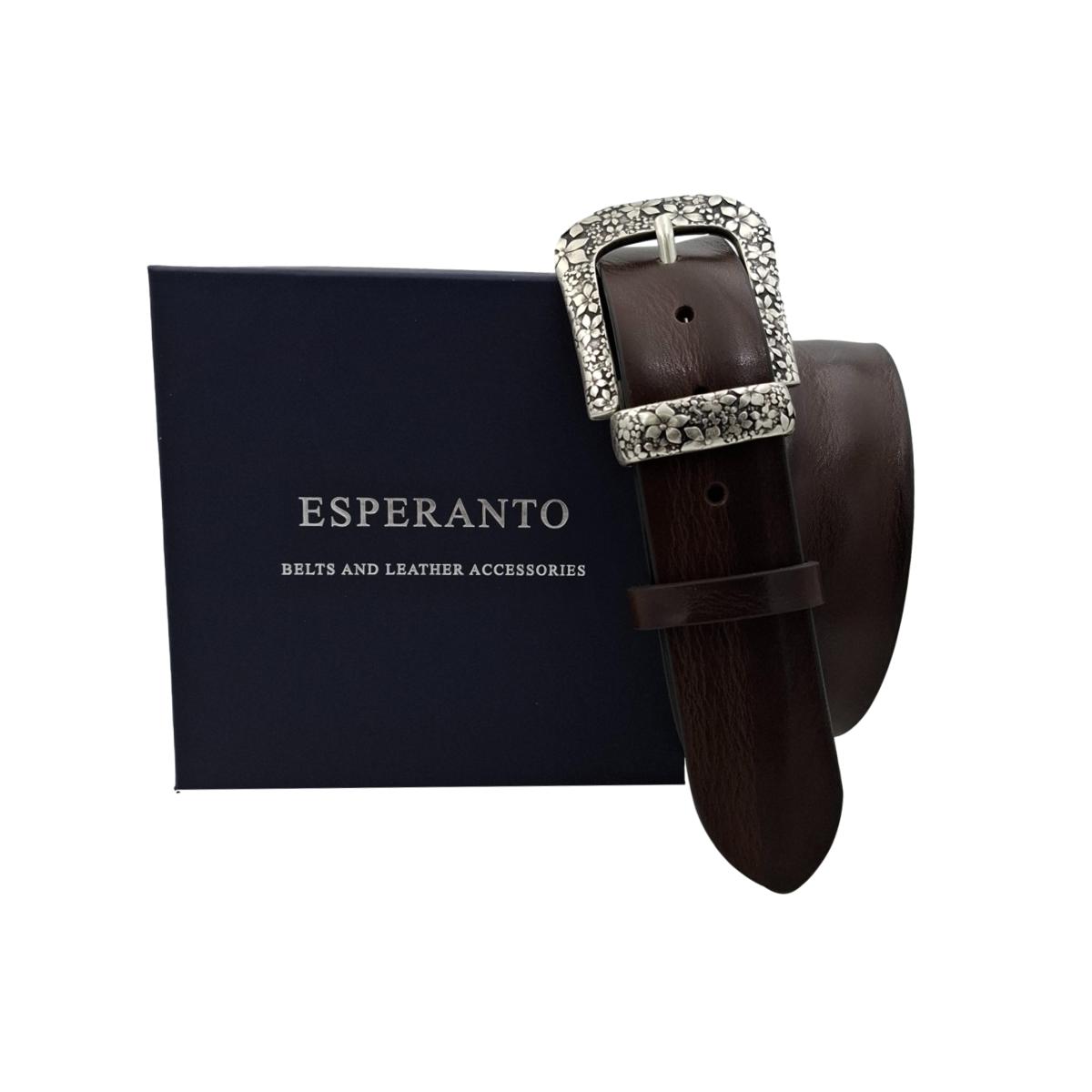 Ninfea - Cintura color Moroin cuoio di toro  con fibbia e passante metallici con fantasie floreali (TAGLIE XXL) - ESPERANTOBELTS