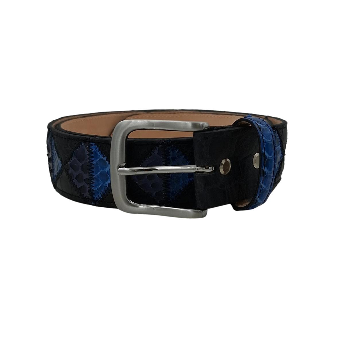 Blue Pyramid - Cintura 4 cm Patchwork a Triangoli Blu in Pitone con Fibbia in Ottone