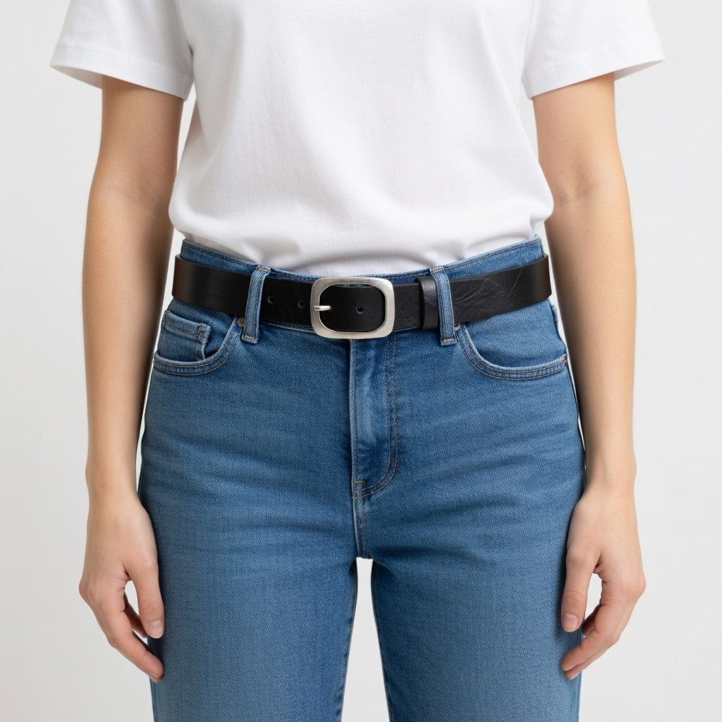 Cintura in Cuoio di Toro Design Casual con Fibbia intera Satinata (Altezze 3,5 cm e 4 cm)