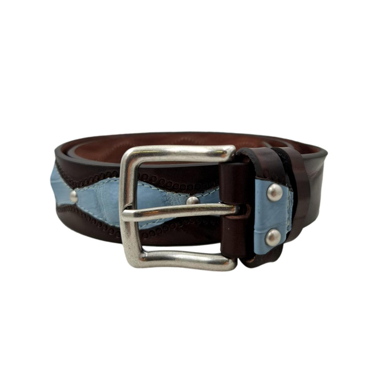 Desert Sky - Cintura 4 cm in vero cuoio e vero coccodrillo celeste con borchie metalliche
