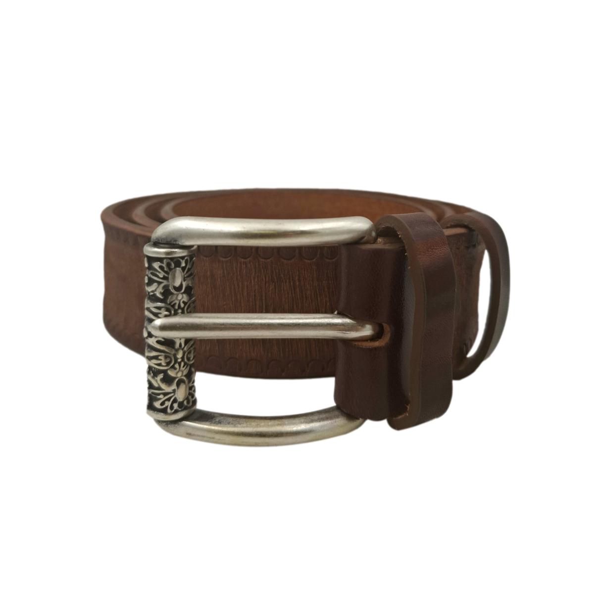 Rustic - Cintura 4 cm in cuoio di toro cognac smerigliato con fibbia a rullo lavorato