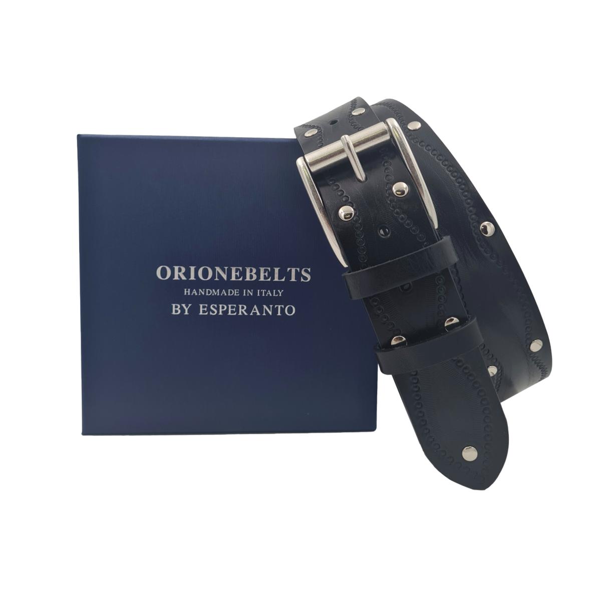 Cintura 4 cm in Cuoio Nero abrasivato con borchie metalliche e fibbia vintage