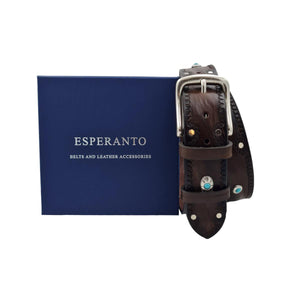 Santorini - Cintura 4 cm in cuoio ricamato con borchie celesti e fibbia in ottone