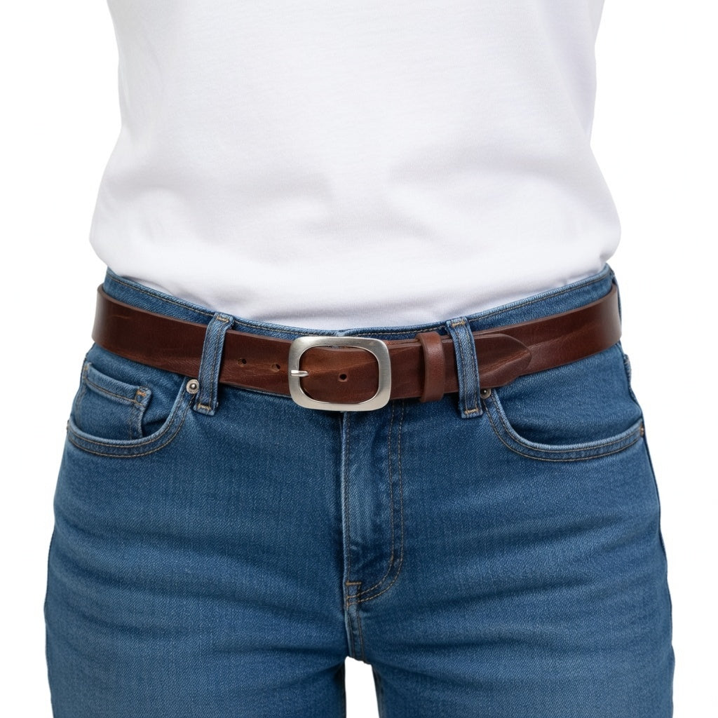 Cintura in Cuoio di Toro Design Casual con Fibbia intera Satinata (Altezze 3,5 cm e 4 cm)