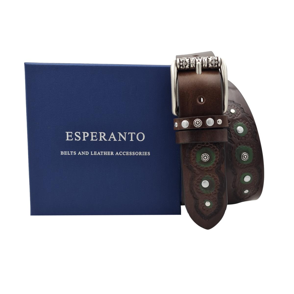 Dublino - Cintura 4 cm in vero cuoio con ricami , dettagli smeraldo e borchie