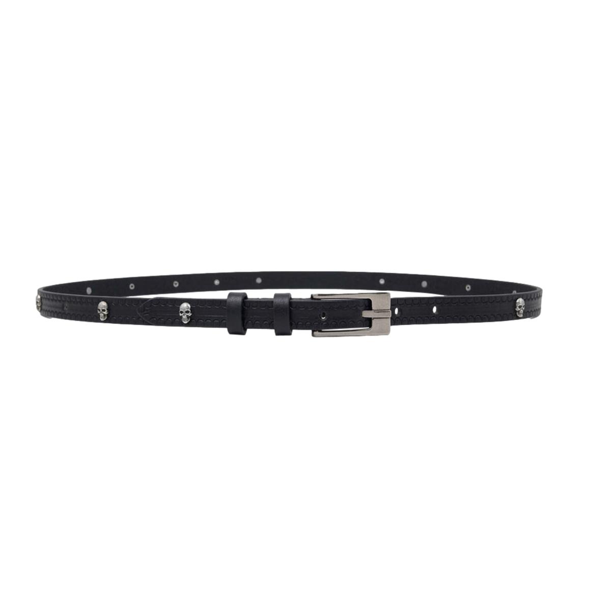 Black Skull Light - Cintura Nera 2,5 cm in cuoio di toro con borchie a teschio e fibbia a blocco