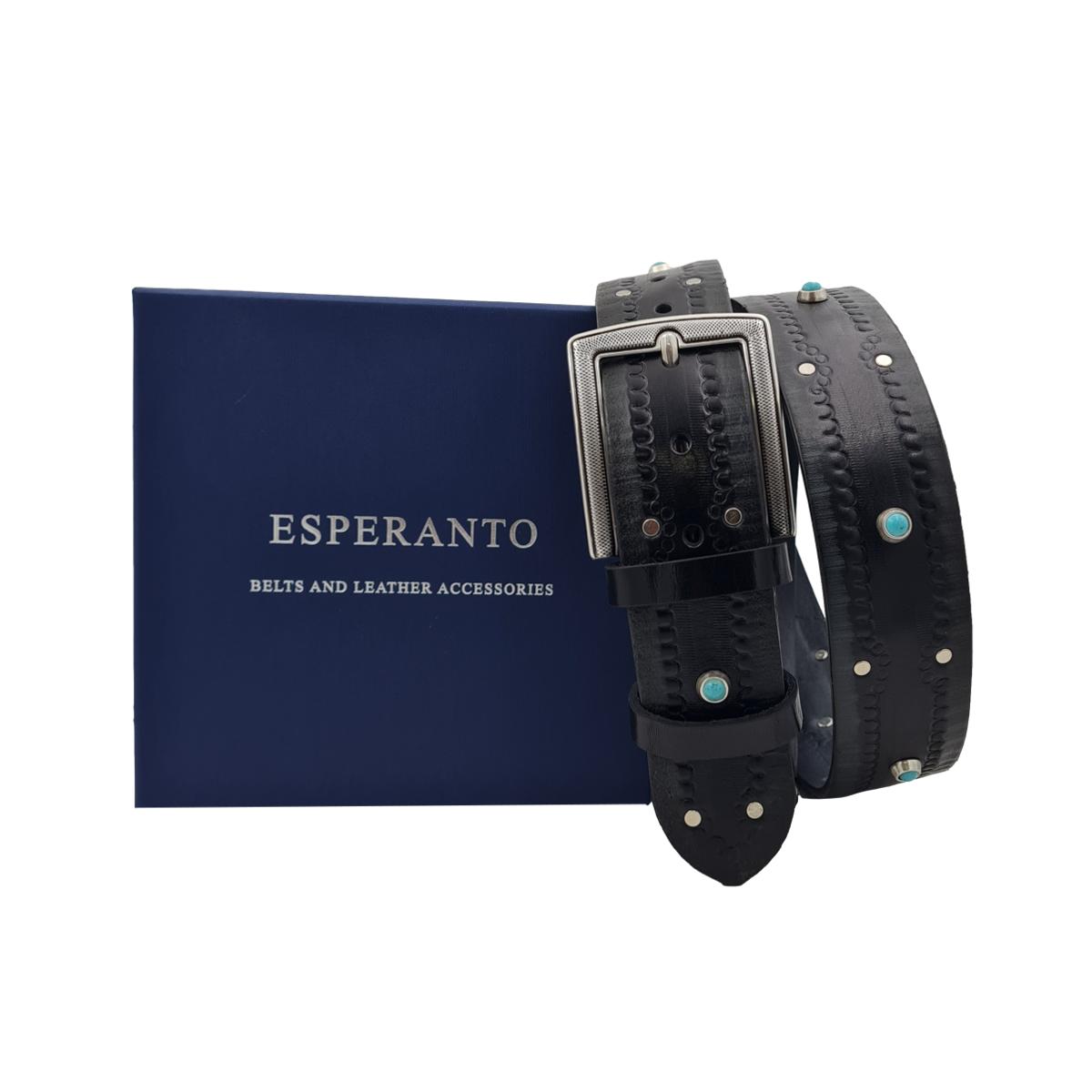 Marseille - Cintura 4 cm in cuoio Nero lavorato con fibbia effetto Saffiano e borchie celesti