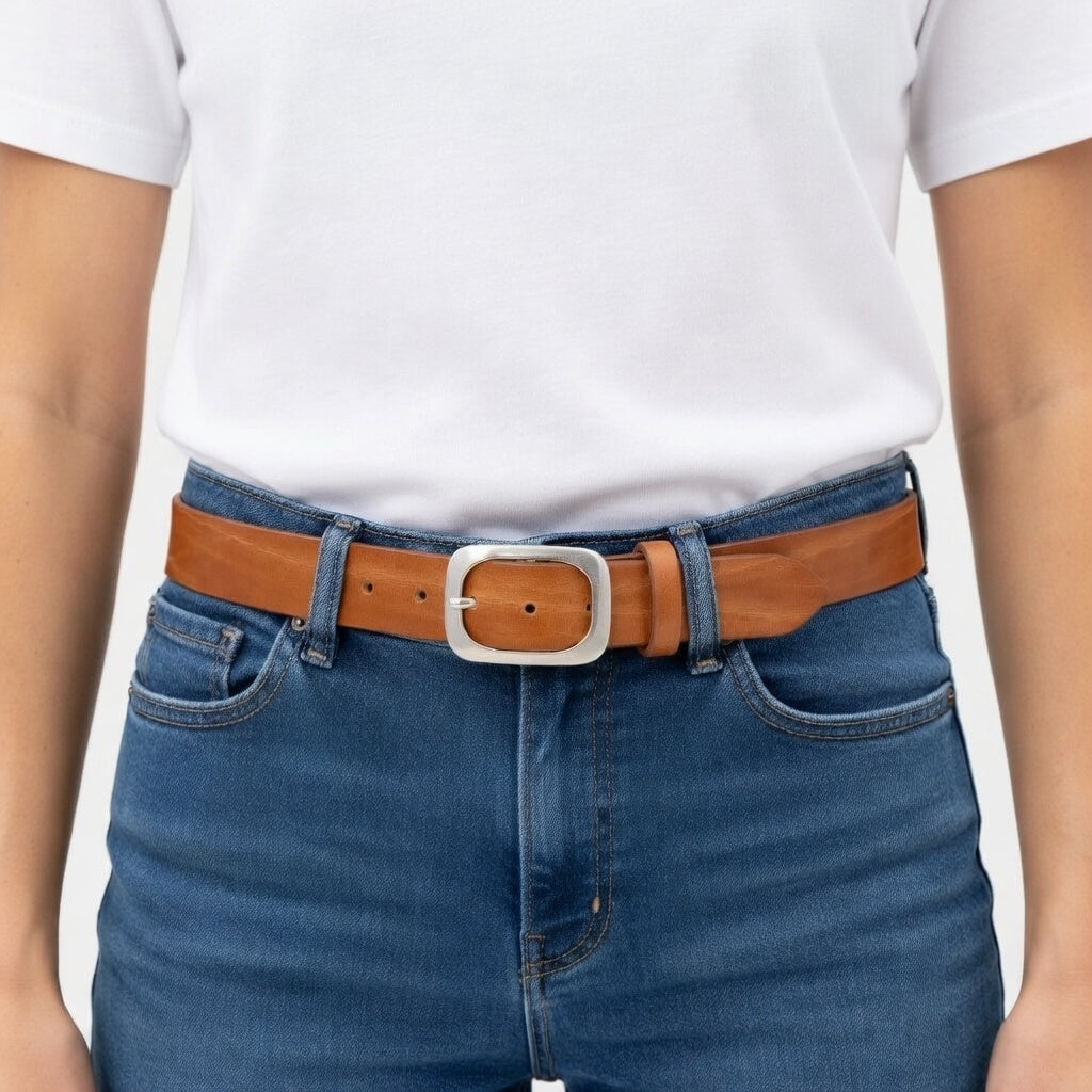 Cintura in Cuoio di Toro Design Casual con Fibbia intera Satinata (Altezze 3,5 cm e 4 cm)