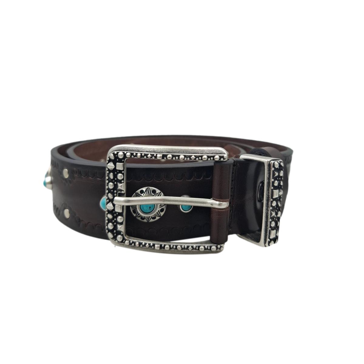 Salonicco - Cintura 4 cm in vero cuoio di toro con borchie celesti e fibbia e passante lavorati