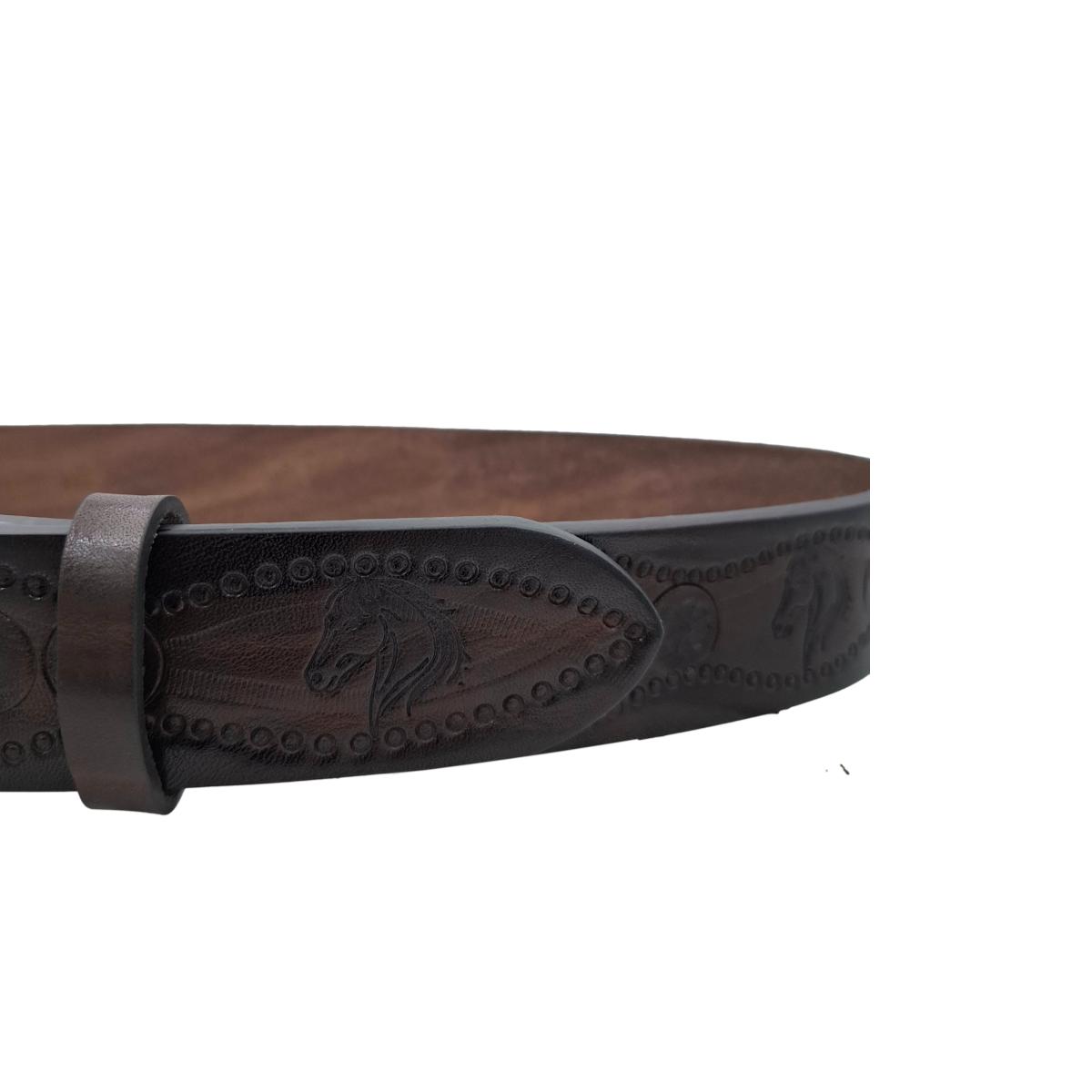 Andalusia - Cintura 4 cm colore Moro in cuoio di toro con fantasie di cavalli e fibbia lavorata - ESPERANTOBELTS