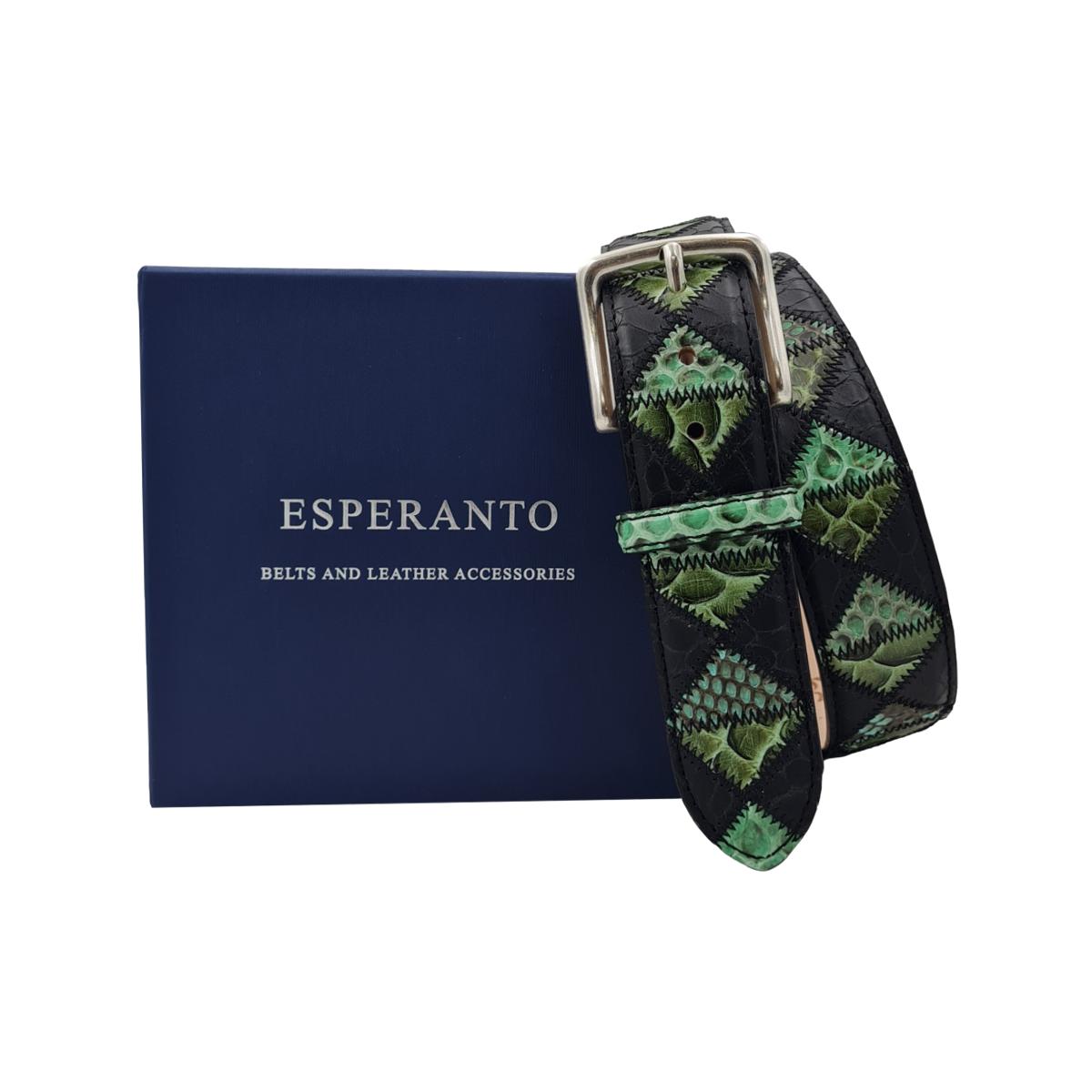 Green Pyramid - Cintura 4 cm Patchwork a Triangoli Verdi in Pitone con Fibbia in Ottone