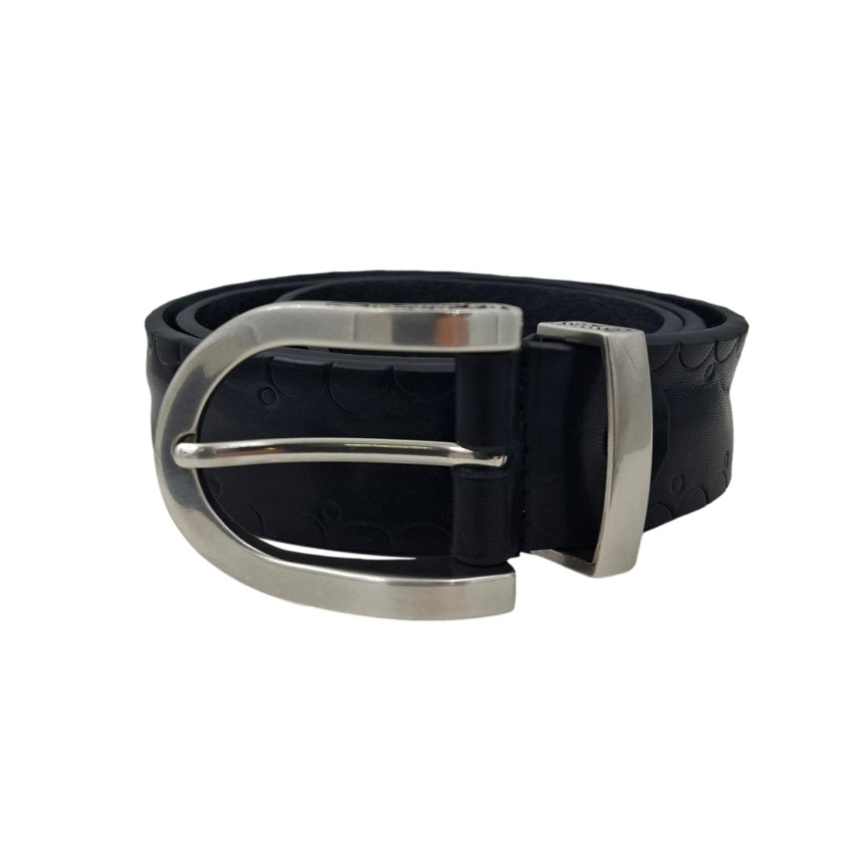 Cintura 3,5 cm in cuoio Nero con  fibbia e Passante metallico con fantasie tribali