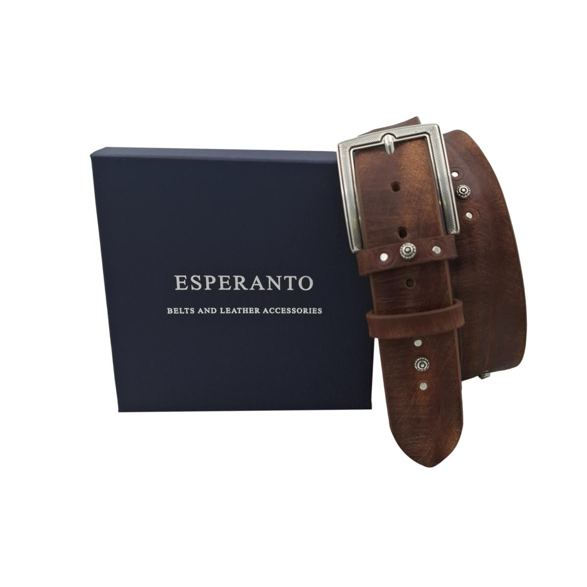 Washed Royal - Cintura in cuoio di toro Marrone effetto Washed con borchie e fibbia lavorata - ESPERANTOBELTS