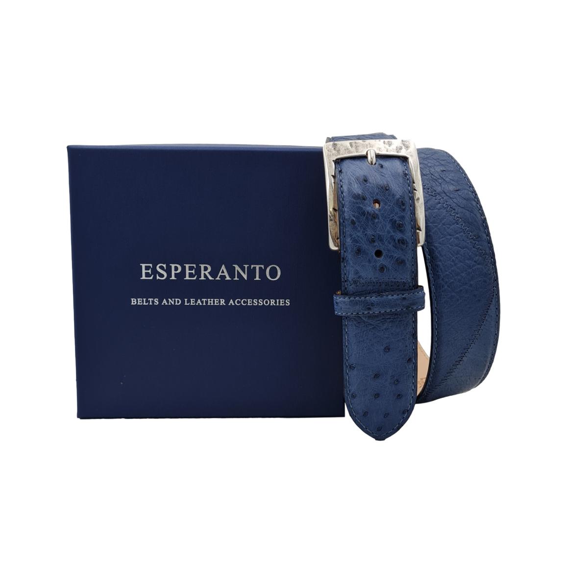 Cintura 4 cm Avio con Patchwork Piramidale in vera pelle di struzzo con fibbia lavorata - ESPERANTOBELTS