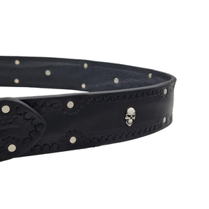 Black Skull - Cintura in cuoio nero con borchie a teschio e tonde e fibbia in ottone