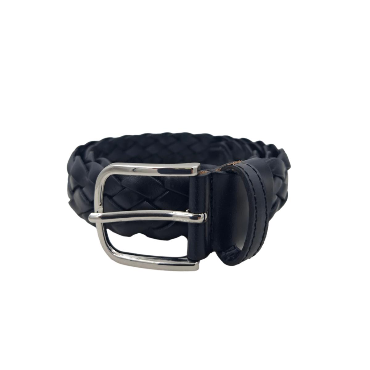 Cintura 3,5 cm intrecciata  in vera pelle con fibbia anallergica - Nero