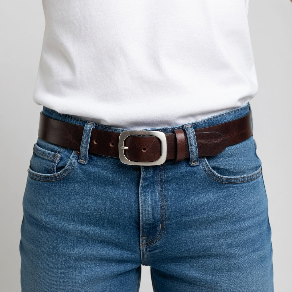 Cintura in Cuoio di Toro Design Casual con Fibbia intera Satinata (Altezze 3,5 cm e 4 cm)
