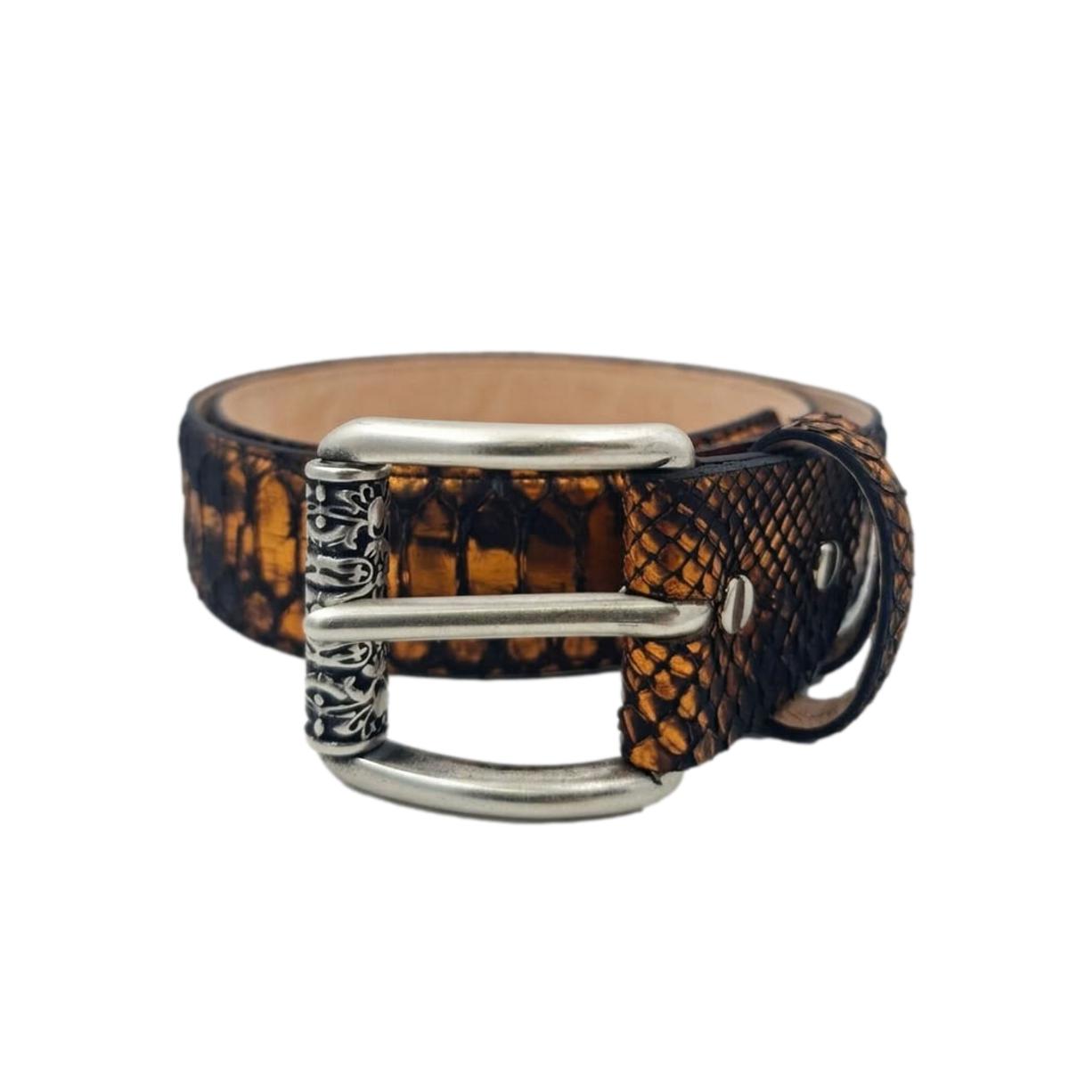 Orange Back Cut - Cintura 4 cm in pitone con taglio Back Cut arancio metallizzato con fibbia a rullo ricamato