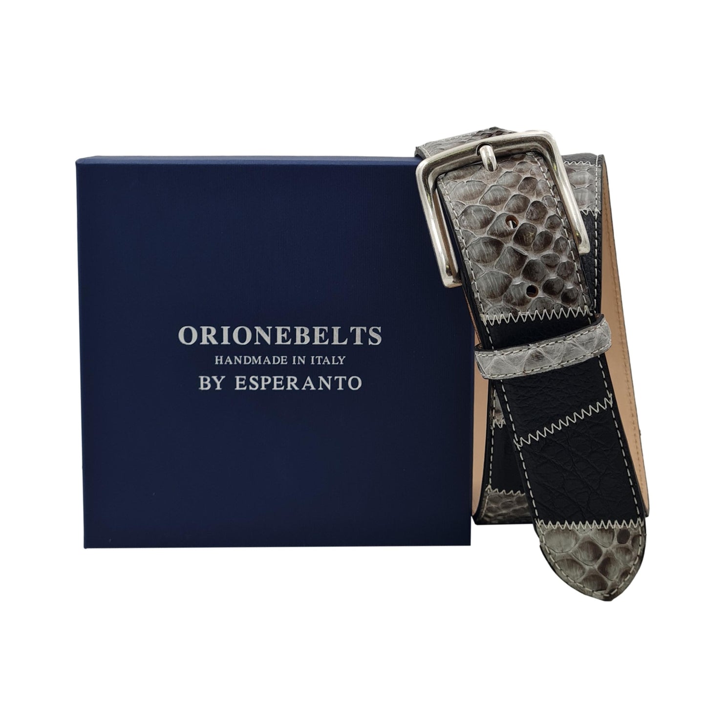 Nairobi - Cintura 4 cm con fibbia in ottone in pitone grigio lucido, Coccodrillo nero e vitello martellato