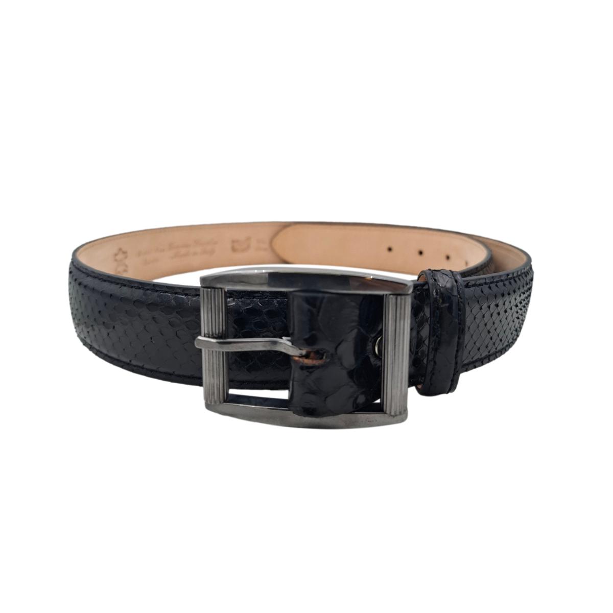 Gotham - Cintura Nera 3,5 cm in Pitone Lucido con fibbia Intera Satinata