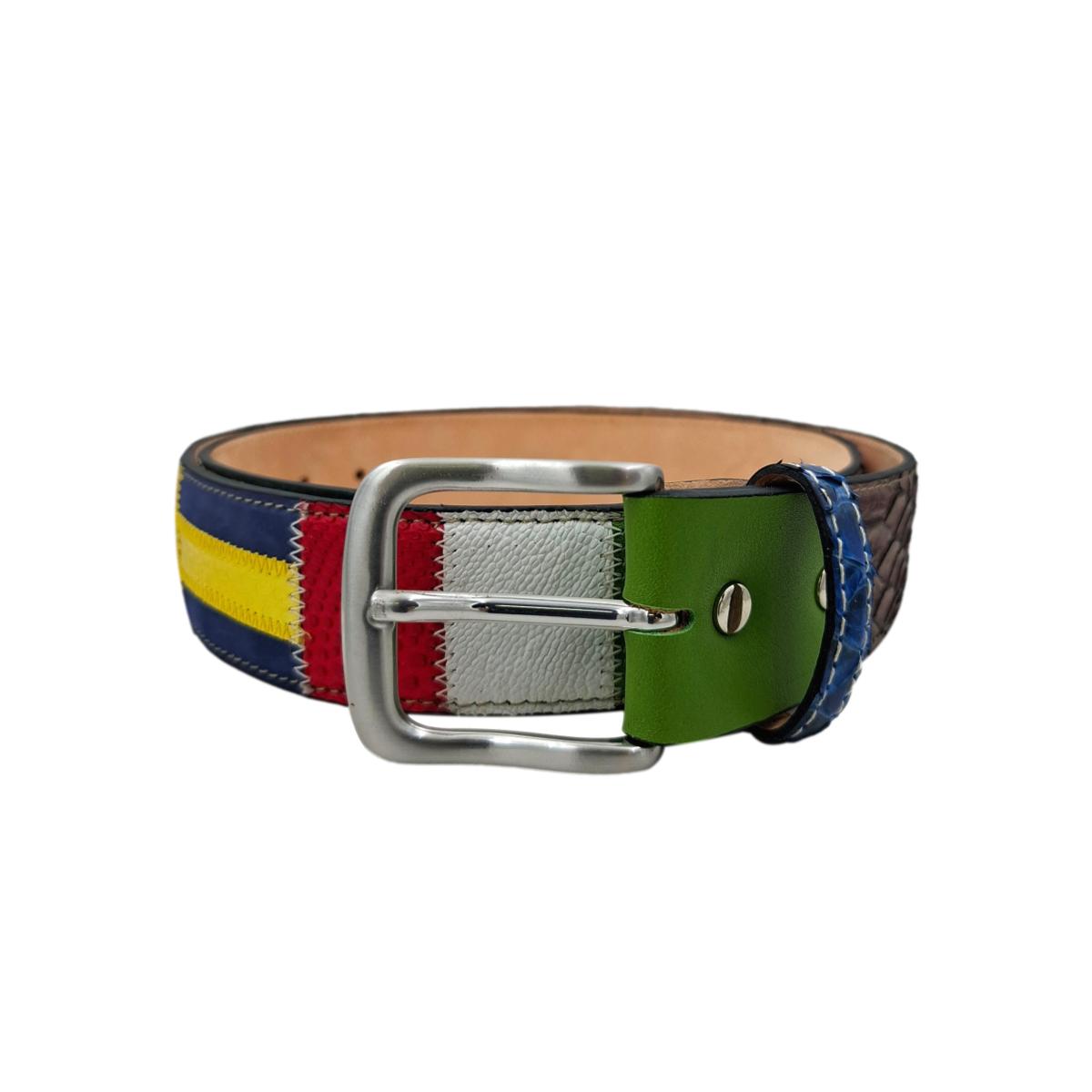 Cintura 4 cm multicolore In Pitone e struzzo con fantasia di bandiere del mondo , fibbia anallergica