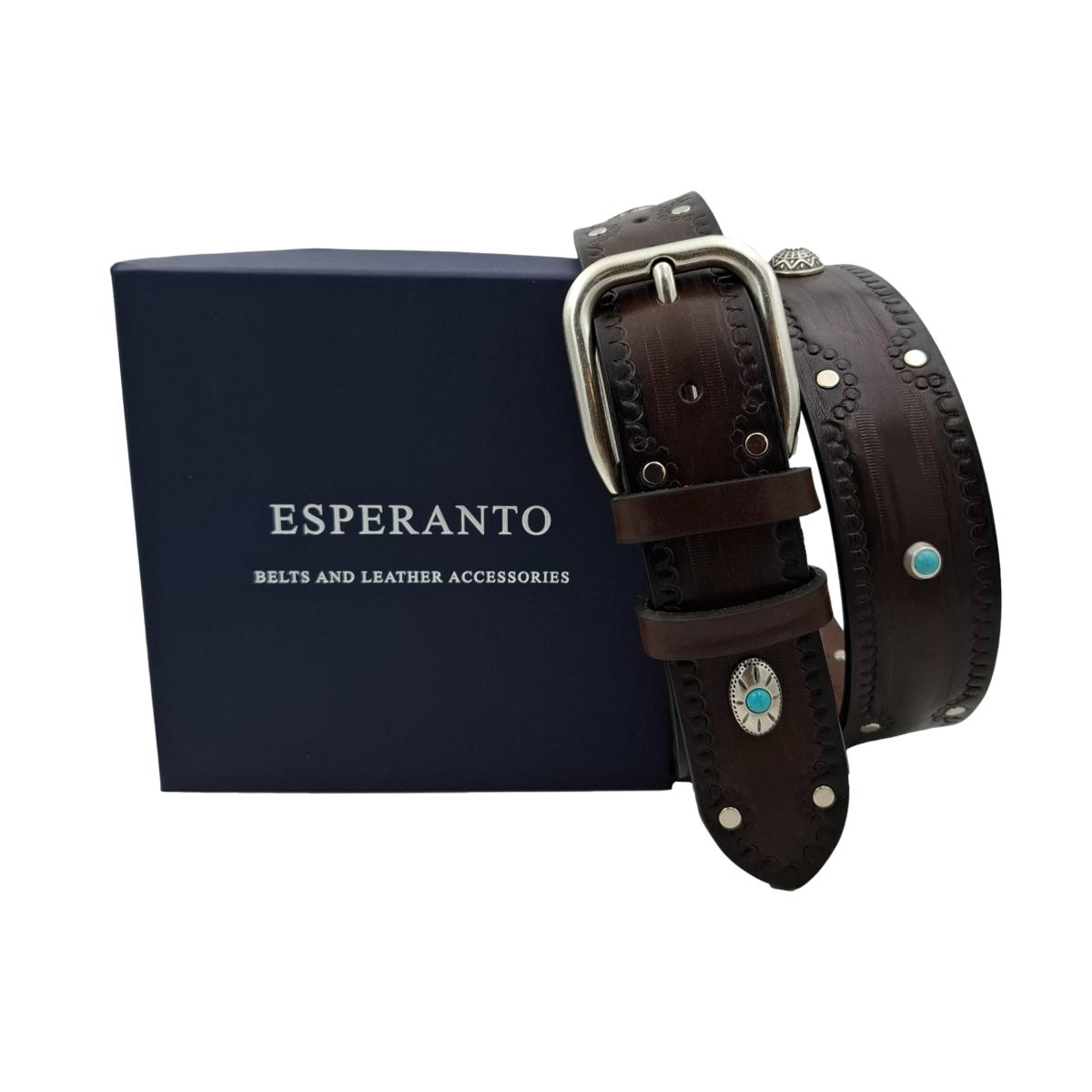 Bellagio - Cintura 4 cm in cuoio di toro con borchie argentate e pietre celesti - ESPERANTOBELTS
