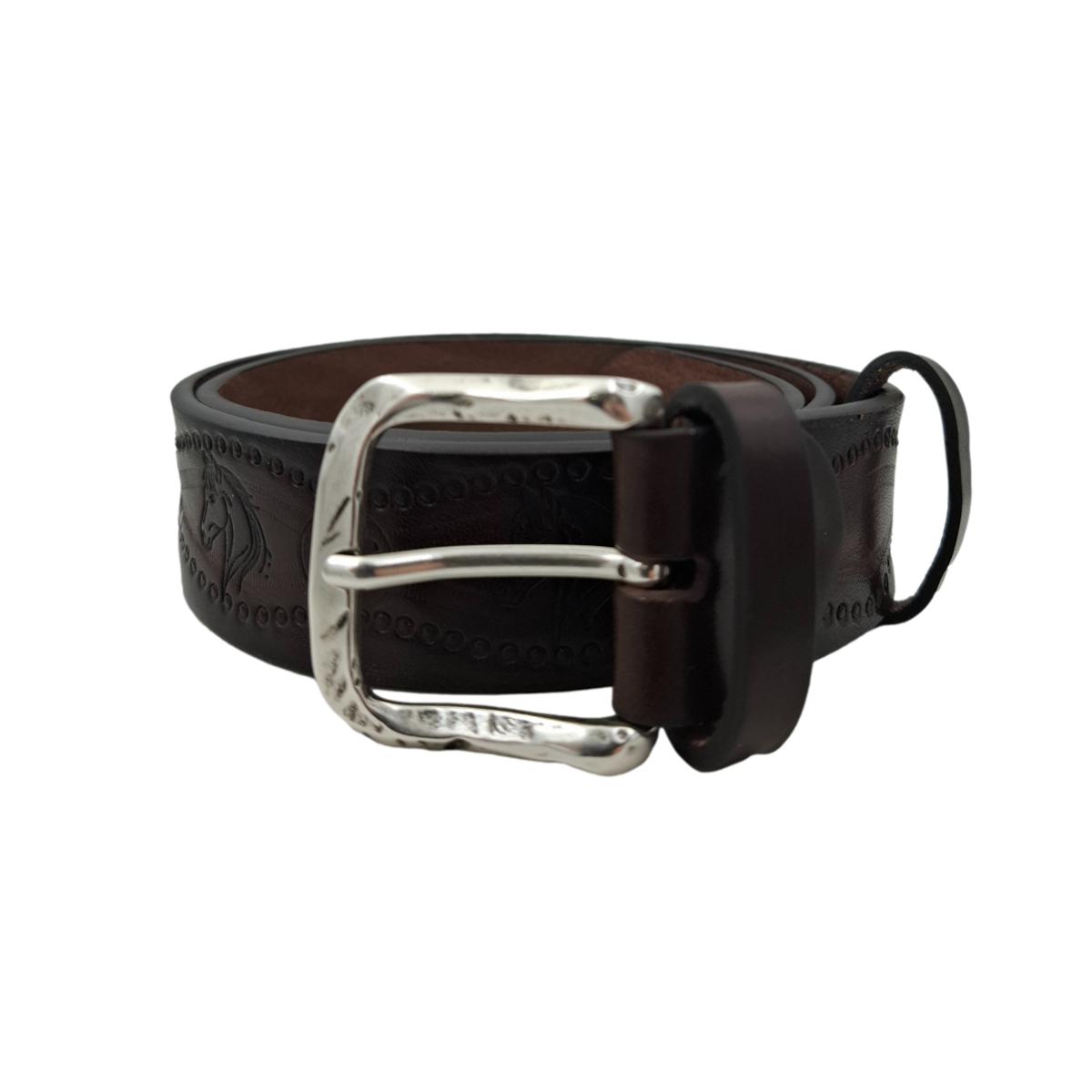 Andalusia - Cintura 4 cm colore Moro in cuoio di toro con fantasie di cavalli e fibbia lavorata - ESPERANTOBELTS