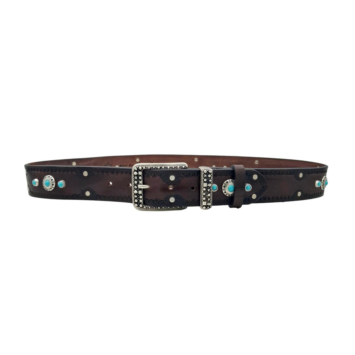 Salonicco - Cintura 4 cm in vero cuoio di toro con borchie celesti e fibbia e passante lavorati