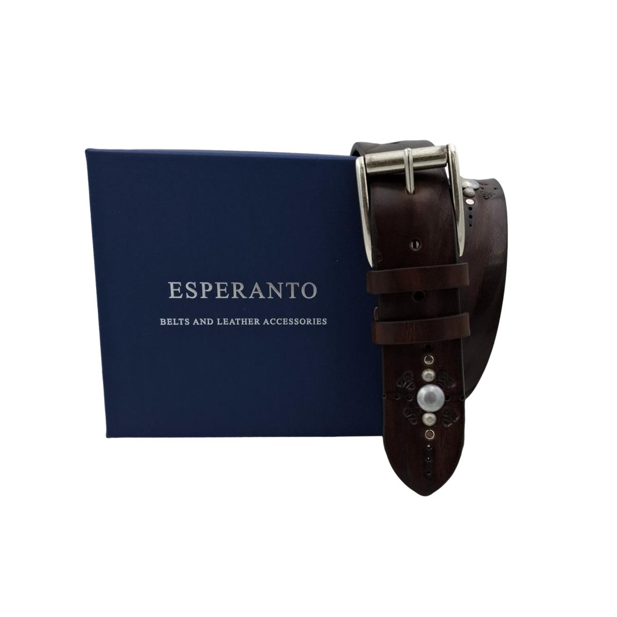 Marbles & Leather - Cintura 4 cm moro in vero cuoio con borchie sferiche e ricami - ESPERANTOBELTS
