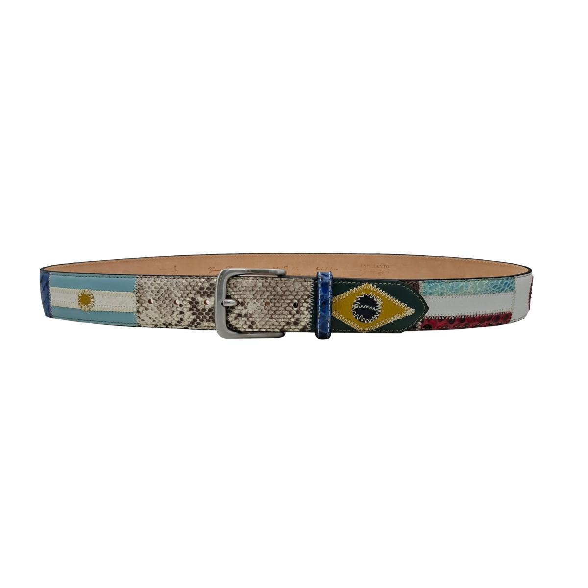 Cintura 4 cm multicolore In Pitone e struzzo con fantasia di bandiere del mondo , fibbia anallergica