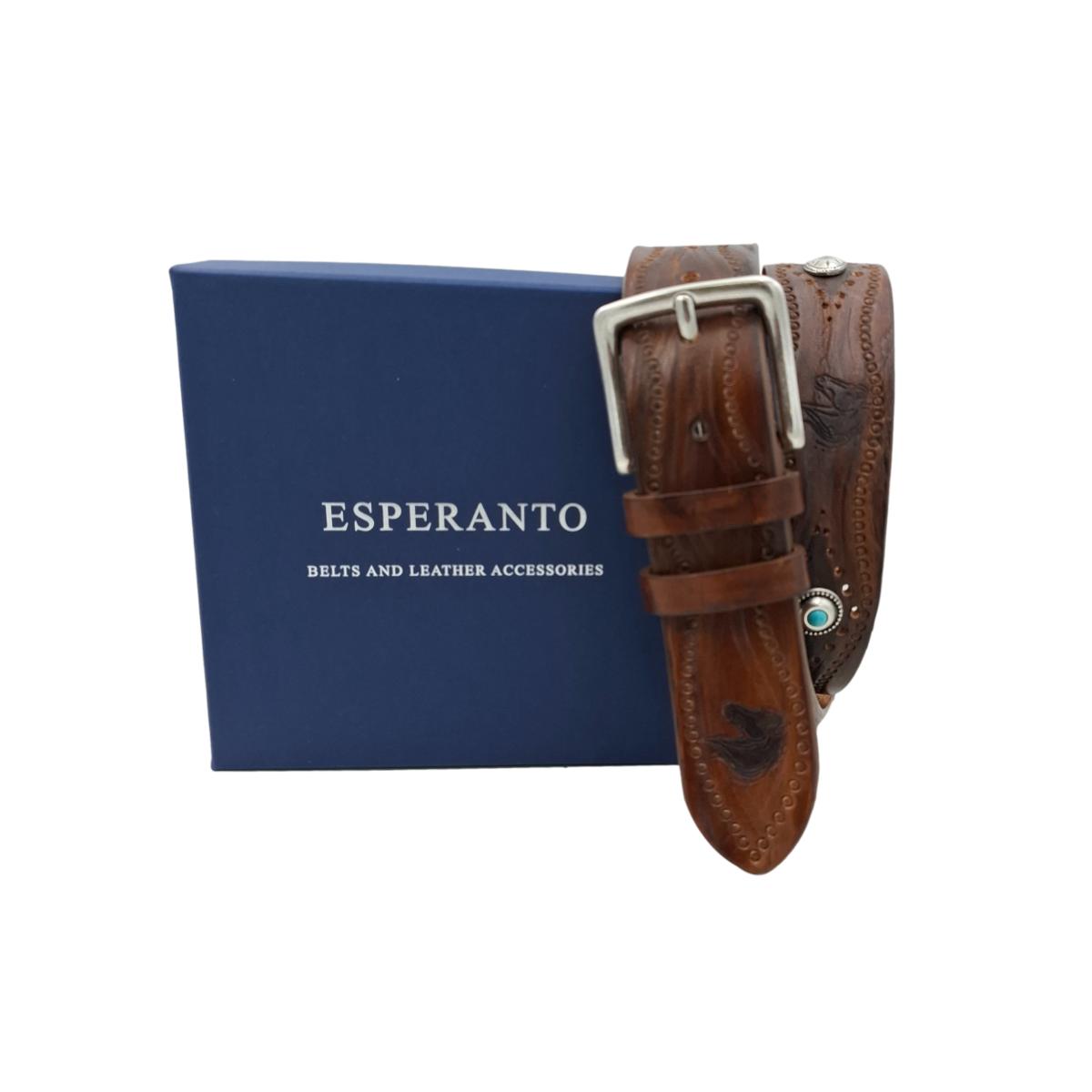 Caramel Horses - Cintura 4 cm Caramello con fibbia in ottone, borchie e ricami di cavalli - ESPERANTOBELTS