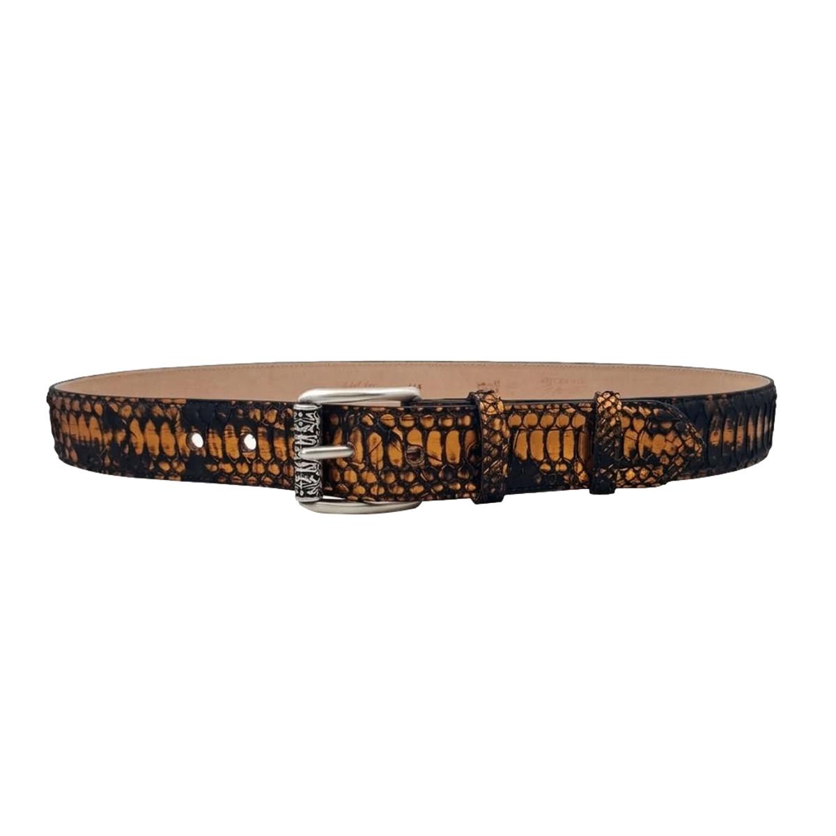 Orange Back Cut - Cintura 4 cm in pitone con taglio Back Cut arancio metallizzato con fibbia a rullo ricamato