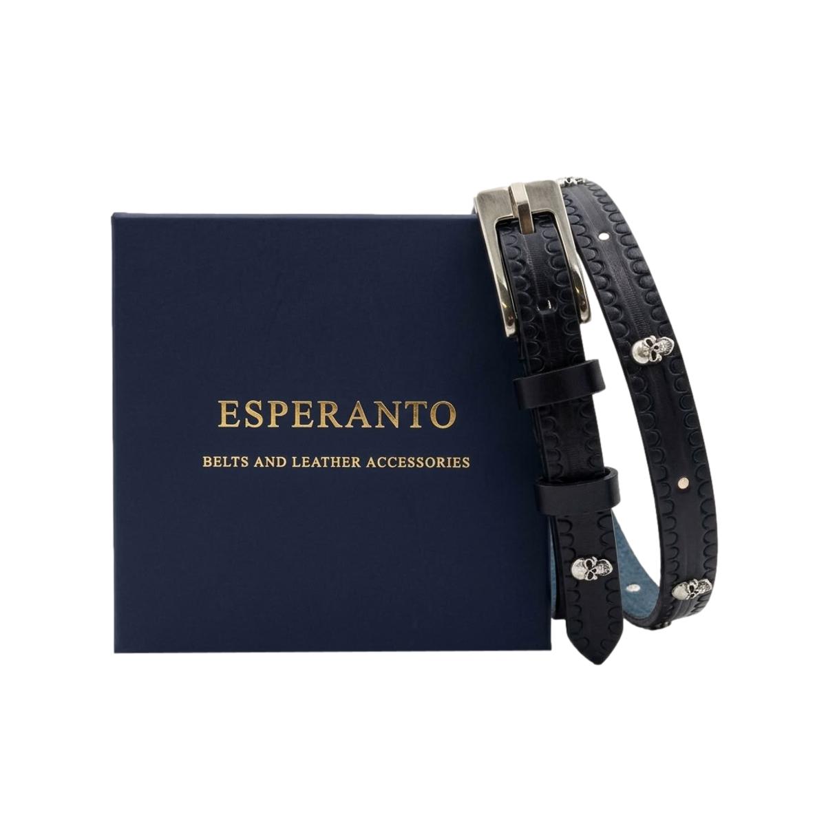 Black Skull Light - Cintura Nera 2,5 cm in cuoio di toro con borchie a teschio e fibbia a blocco