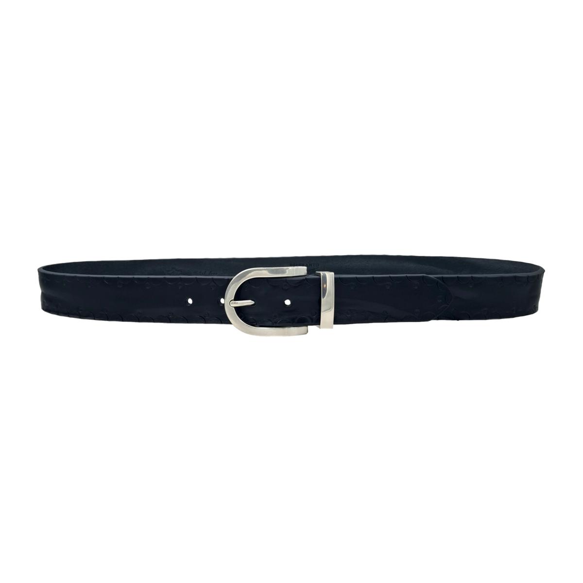 Cintura 3,5 cm in cuoio Nero con  fibbia e Passante metallico con fantasie tribali