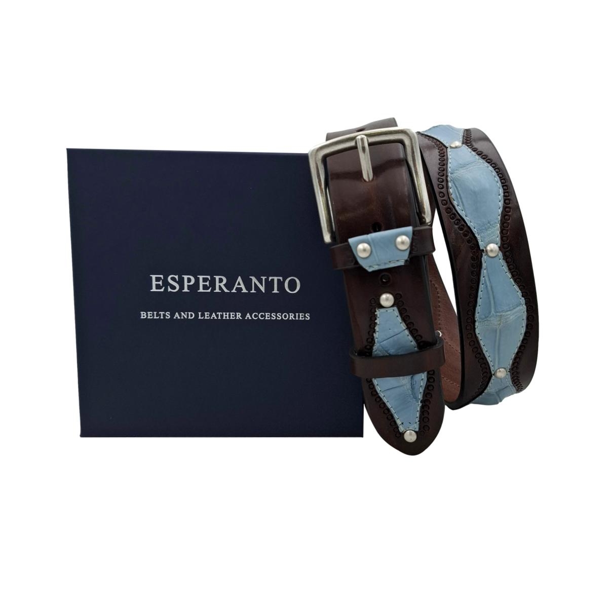 Desert Sky - Cintura 4 cm in vero cuoio e vero coccodrillo celeste con borchie metalliche