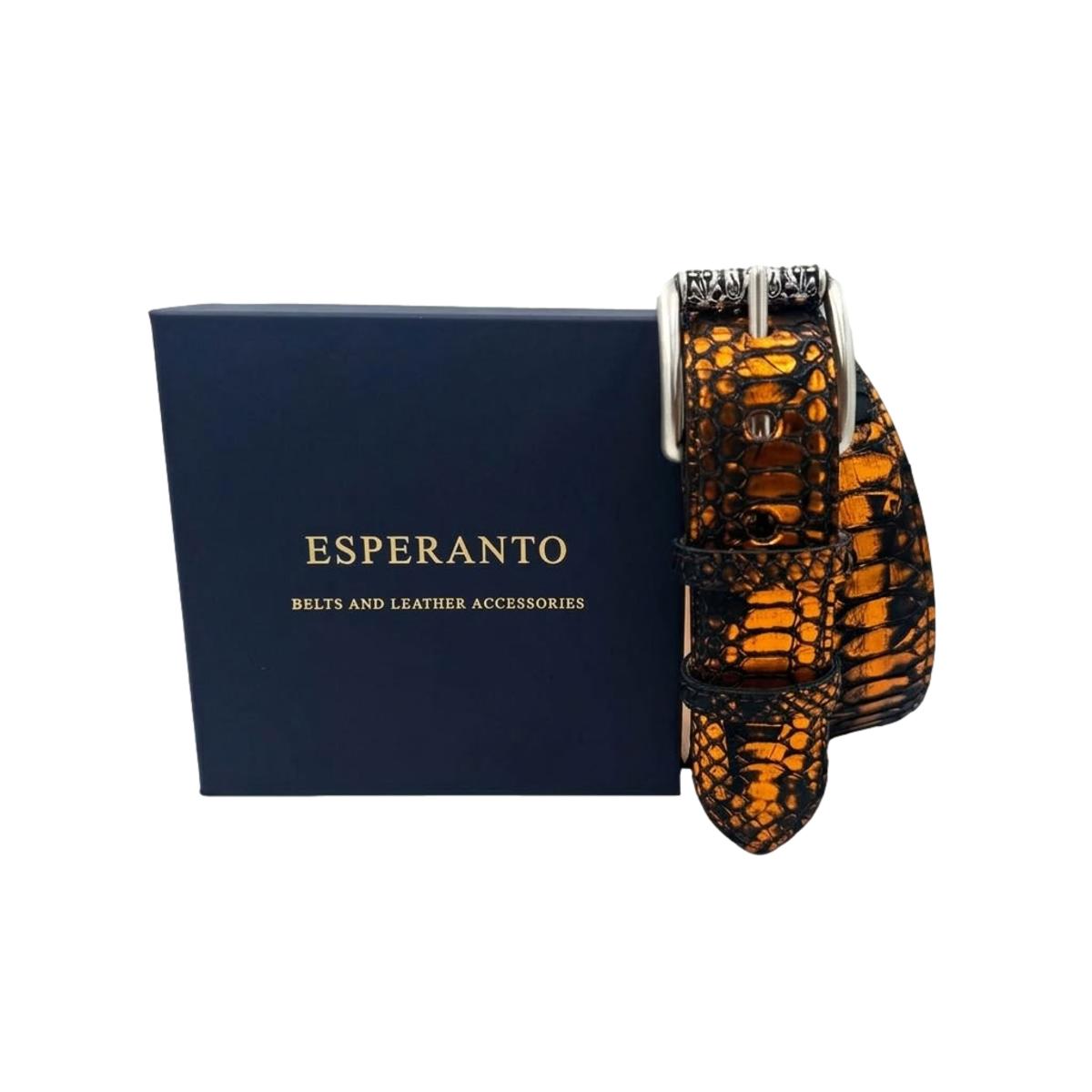 Orange Back Cut - Cintura 4 cm in pitone con taglio Back Cut arancio metallizzato con fibbia a rullo ricamato