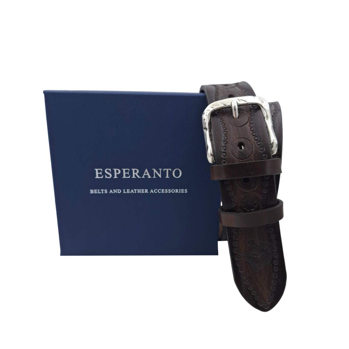 Andalusia - Cintura 4 cm colore Moro in cuoio di toro con fantasie di cavalli e fibbia lavorata - ESPERANTOBELTS