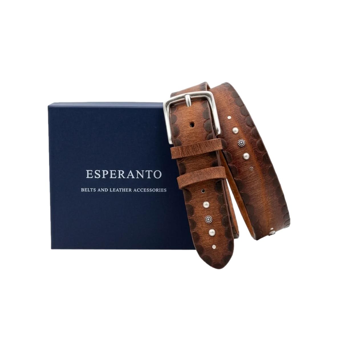 Bohémien Rustic - Cintura 4 cm in cuoio Cognac smerigliato,bordi a contrasto e borchie metalliche