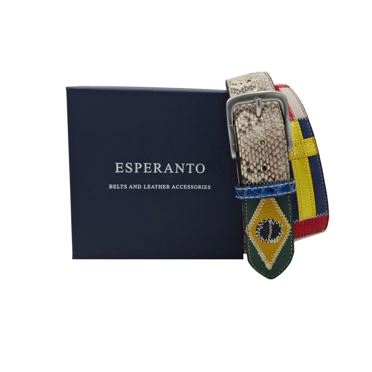 Cintura 4 cm multicolore In Pitone e struzzo con fantasia di bandiere del mondo , fibbia anallergica