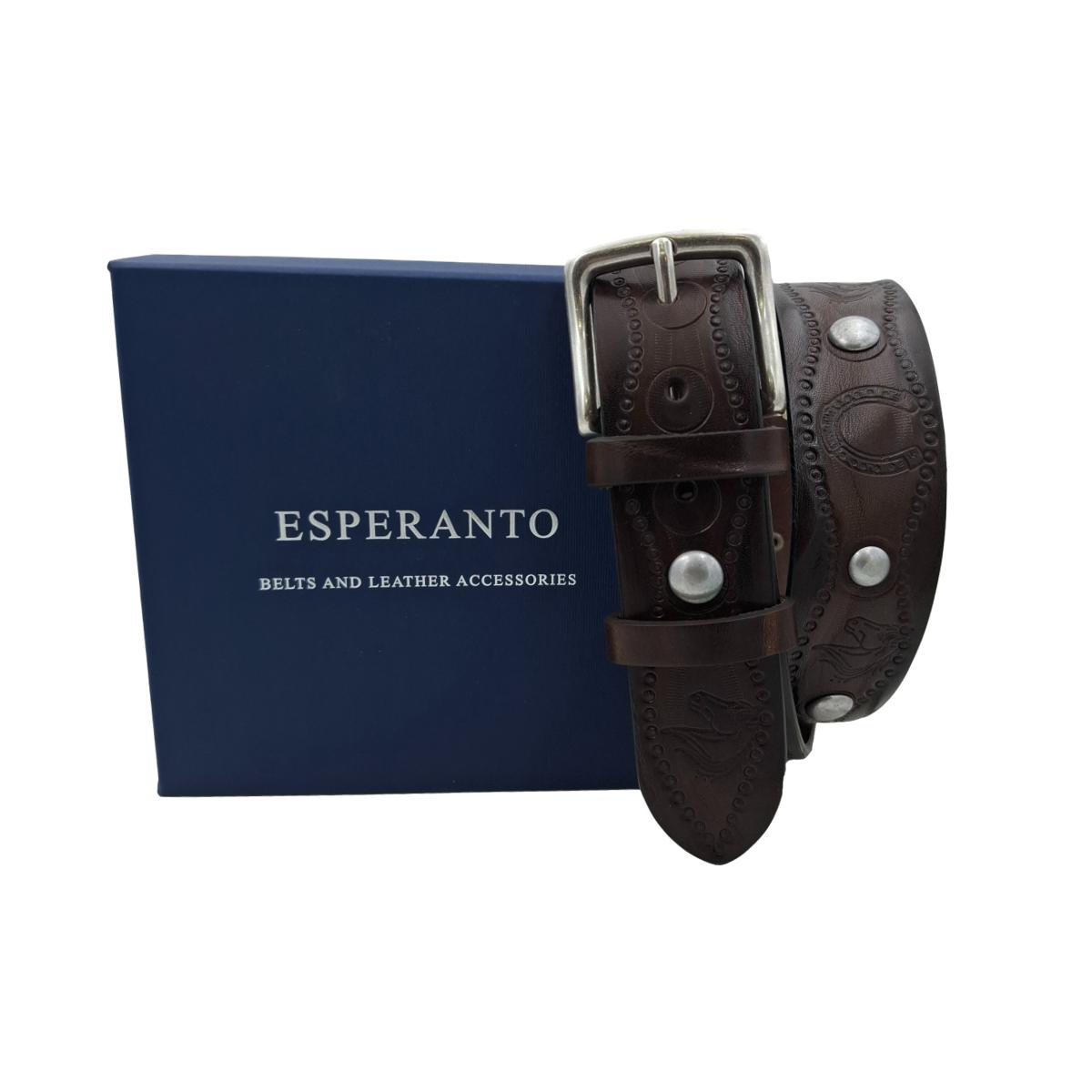 Horses & Hooves - Cintura in cuoio 4 cm con borchie metalliche e fantasie di cavalli e ferri di cavallo - ESPERANTOBELTS