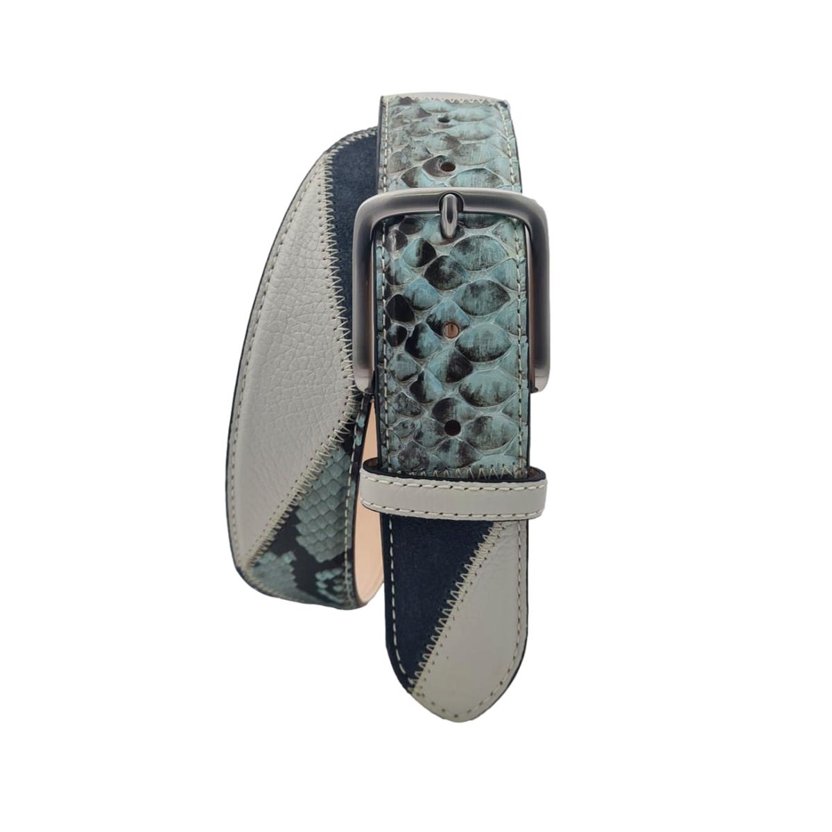 Cintura 4 cm Patchwork con fantasia a piramidi con vero pitone Acquamarina