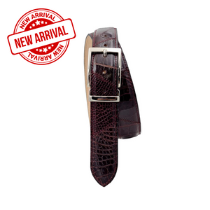 Cairo - Cintura  3,5 cm in vero Coccodrillo Bordeaux lucido con fibbia e passante argentati