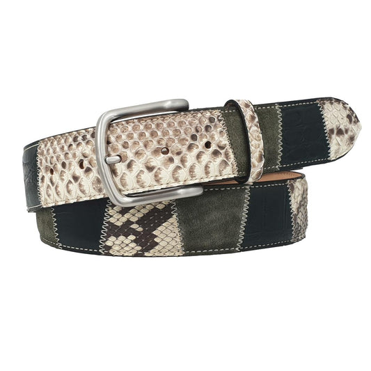 Cintura Verde Militare 4 cm in  pitone , coccodrillo e Pelle scamosciata - fibbia anallergica
